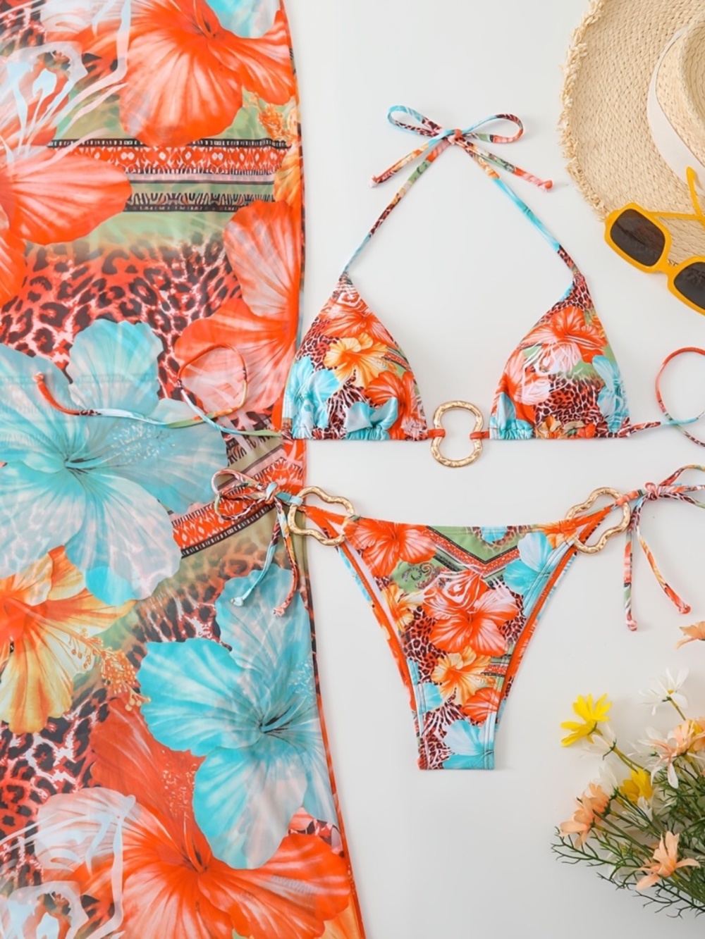 Women’s Three Piece Floral Triangle Bikini Set Size Large